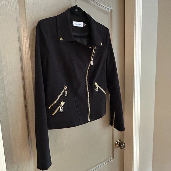 Calvin Klein Black Moto Jacket Size 10 | Gold Zipper Detail Y2K Chic - Picture 6 of 12